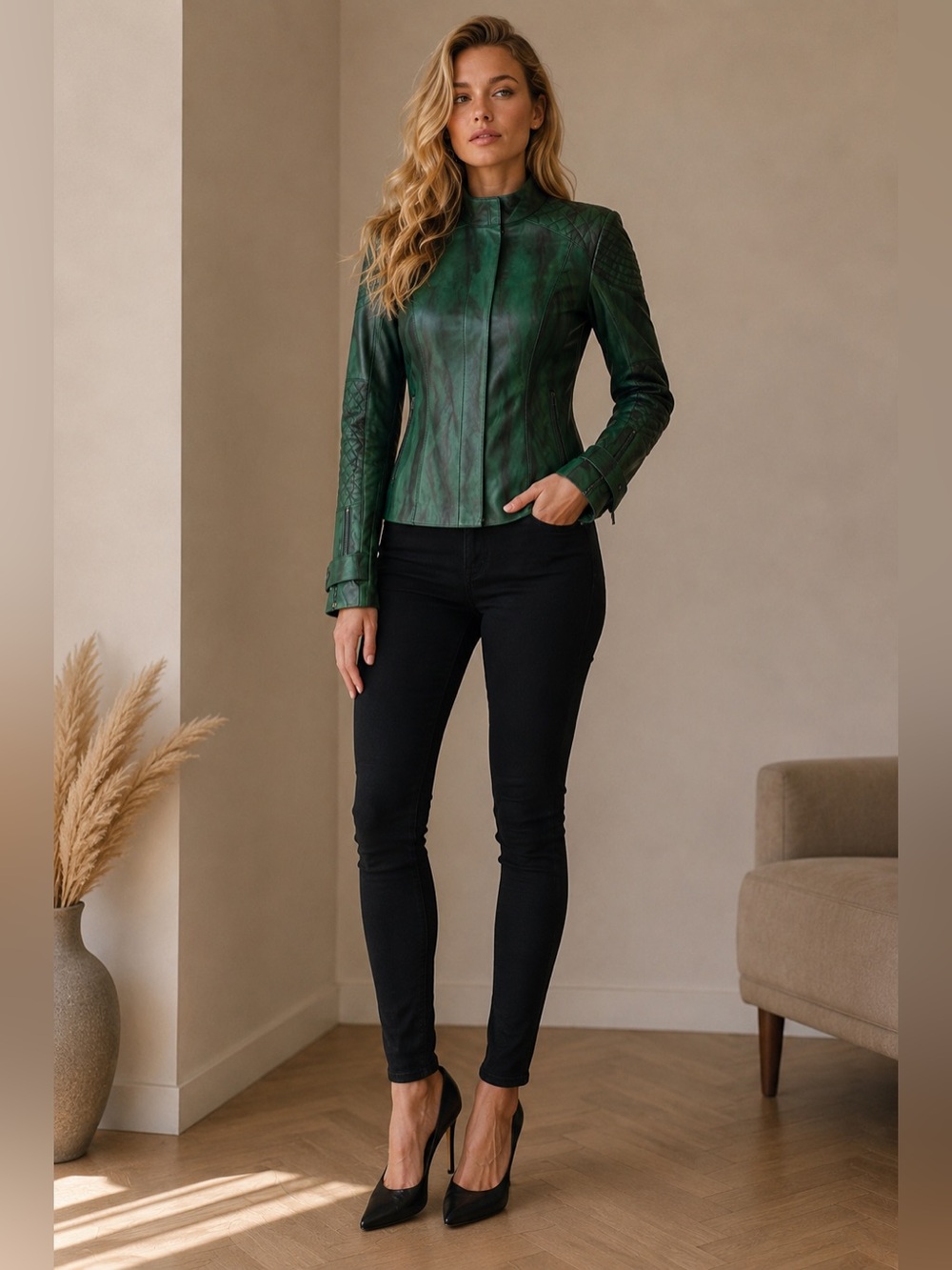 Que Green Genuine Leather Moto Jacket Quilted Detail